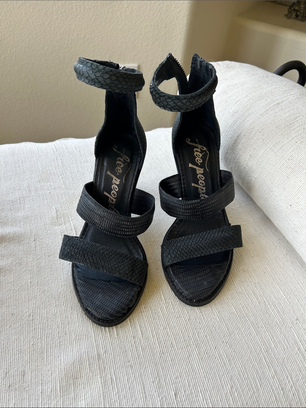 Free People Black Textured Ankle-Strap Block Heel Sandals